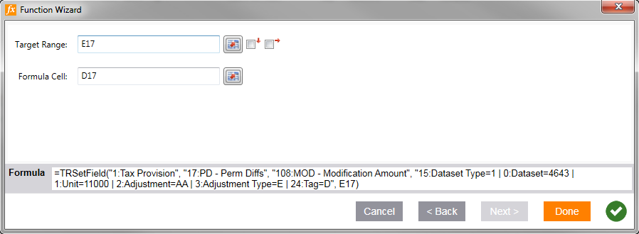 Screen capture showing the Set options on the third page of the Function Wizard if you are making a SetField formula.